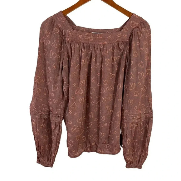 LC Lauren Conrad Pink Heart Pattern Blouse Square Neck Long Balloon Sleeves Top - Picture 1 of 7